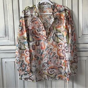 🟠CHICO’S Plus Linen Blend Long Sleeve Top with Embroidery - Boho Colors Sz 3